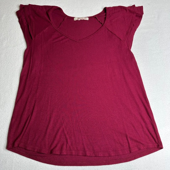 Casual Couture by Gmen Envelope Womens Small Ribbed Burgundy Ruffle Sleeve Top - Picture 1 of 6